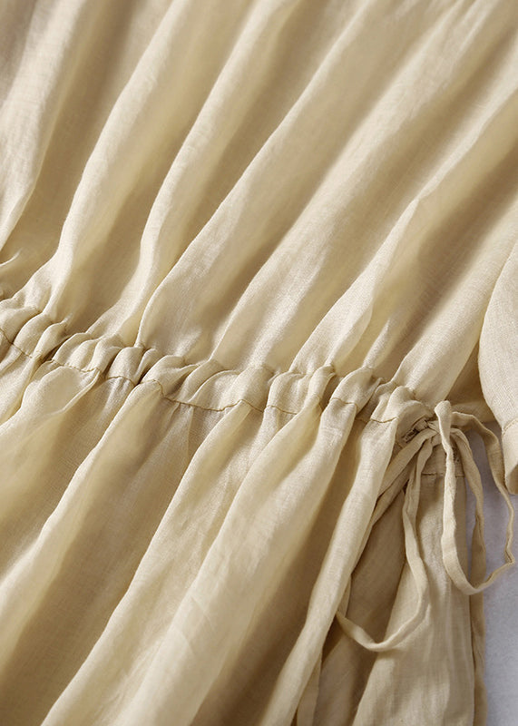Light Khaki O Neck Lace Up Cotton Dress Summer
