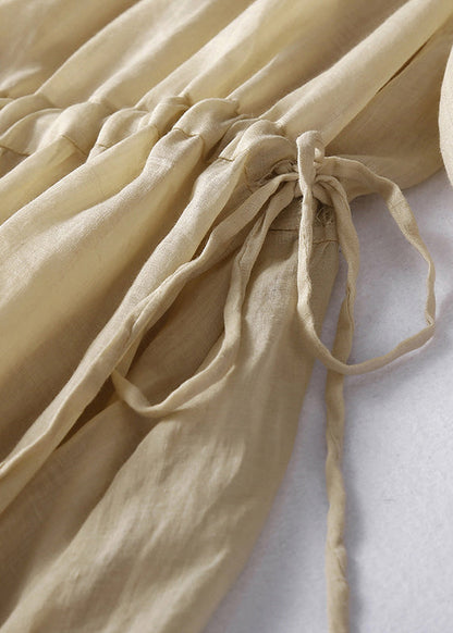 Light Khaki O Neck Lace Up Cotton Dress Summer