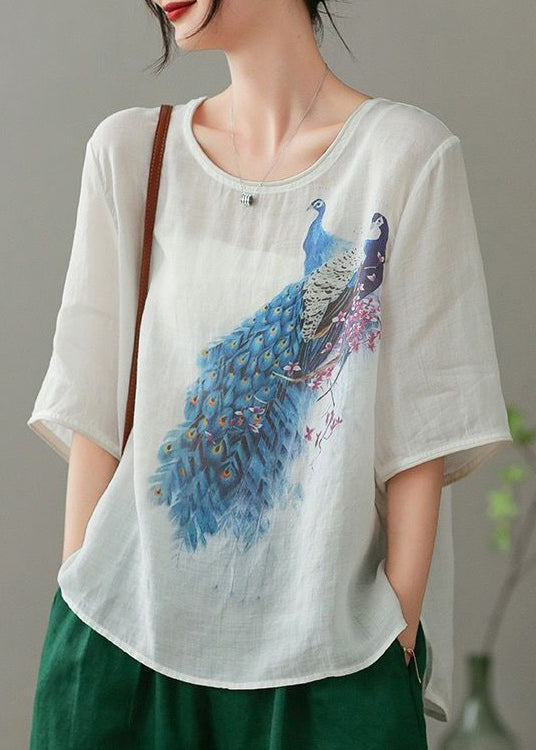 Light Khaki O Neck Print Cotton T Shirts Summer
