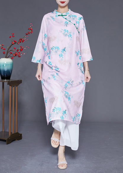Light Pink Mandarin Collar Print Cotton Dresses Bracelet Sleeve