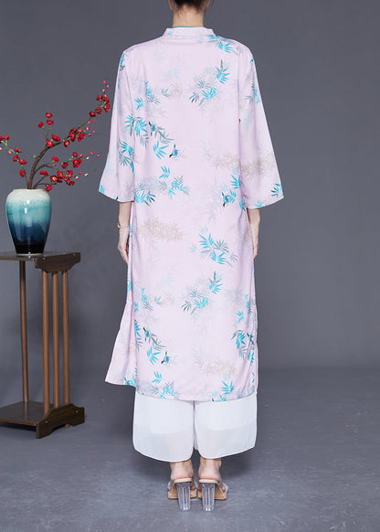 Light Pink Mandarin Collar Print Cotton Dresses Bracelet Sleeve