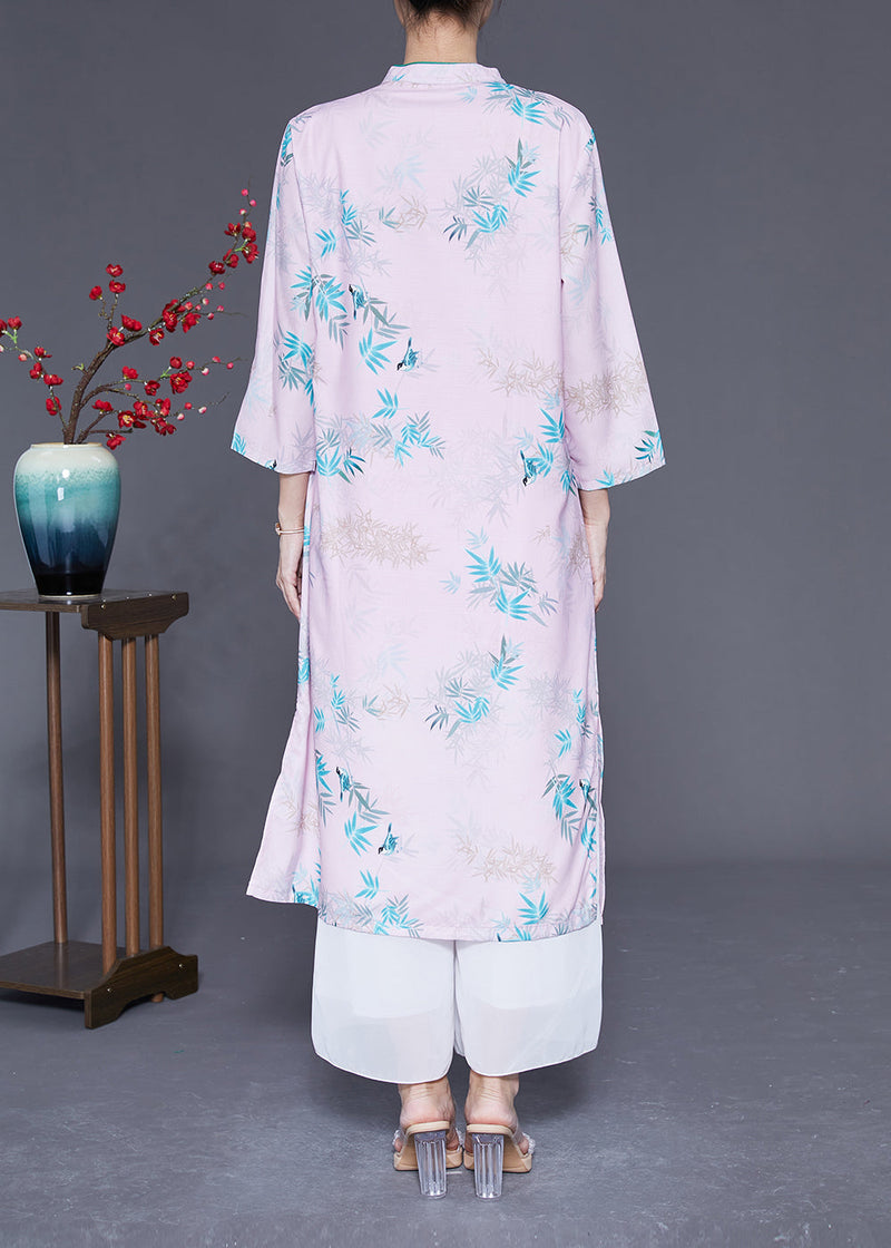 Light Pink Mandarin Collar Print Cotton Dresses Bracelet Sleeve