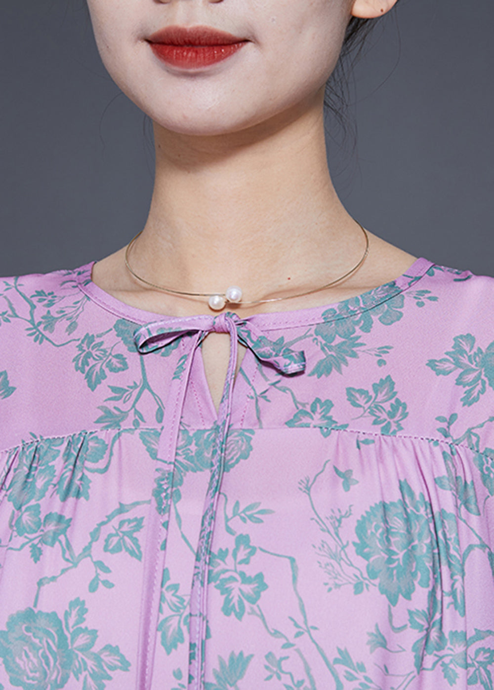 Light Purple Print Lace Up Silk Dress Bracelet Sleeve