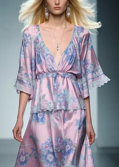 Light Purple V Neck Print Silk Long Dress Summer