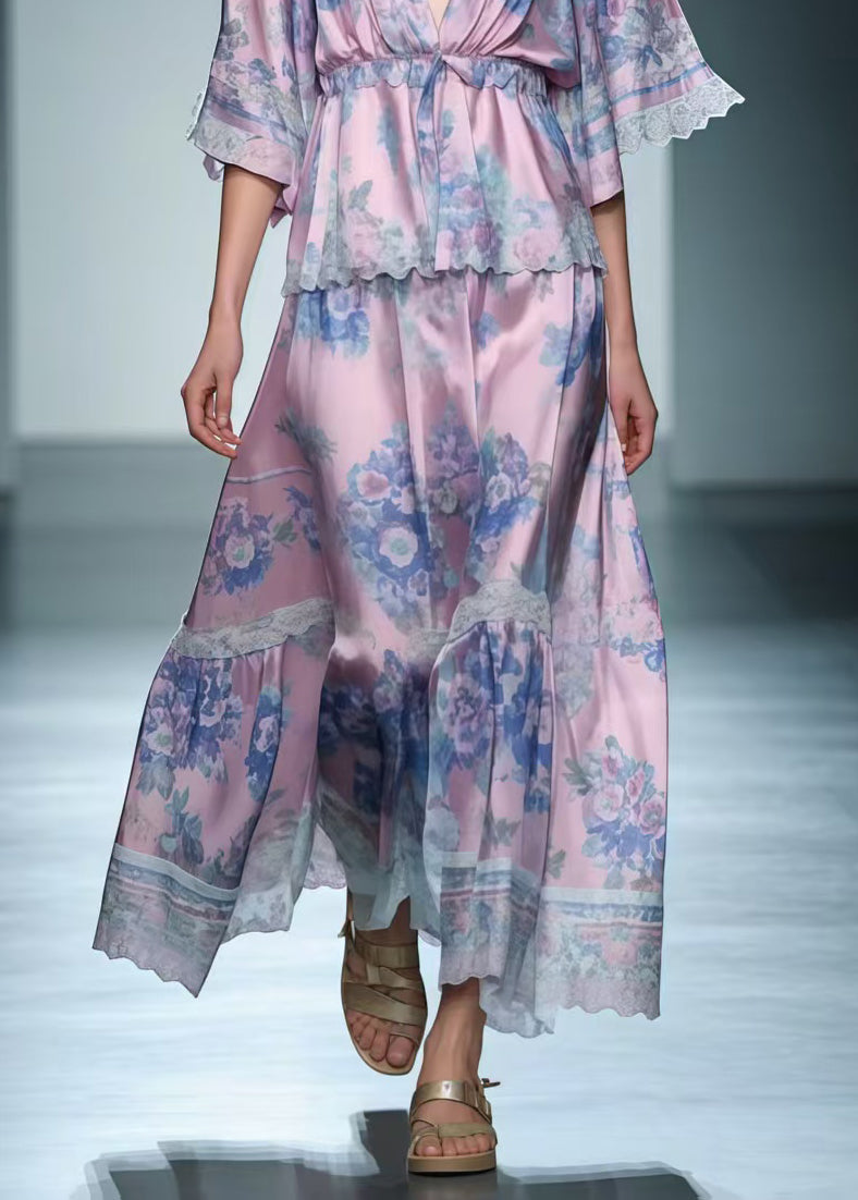 Light Purple V Neck Print Silk Long Dress Summer