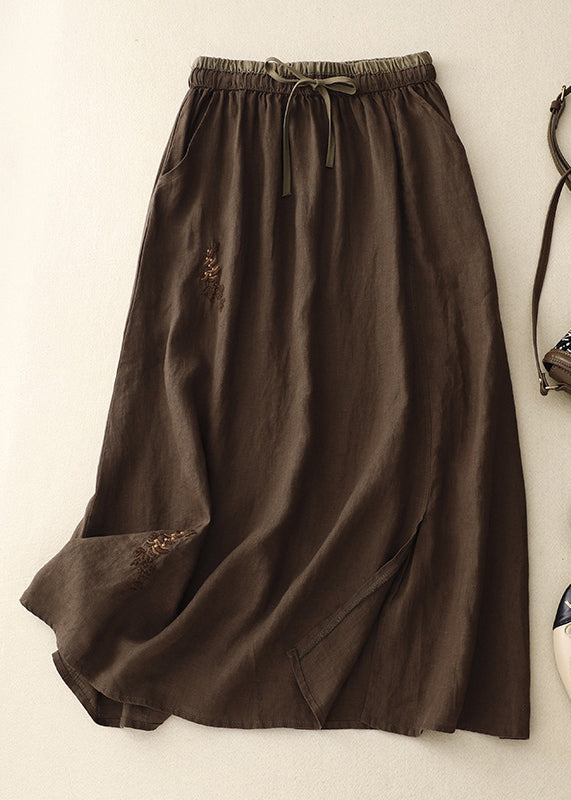 Linen Embroidered Elastic Waist Linen Skirts Summer