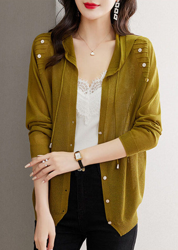Matcha Colour Drawstring Hooded Ice Size Knit Cardigans Long Sleeve