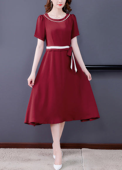 Mulberry O-neck Tie Waist Exra Large Hem Silk Long Dress Short Sleeve