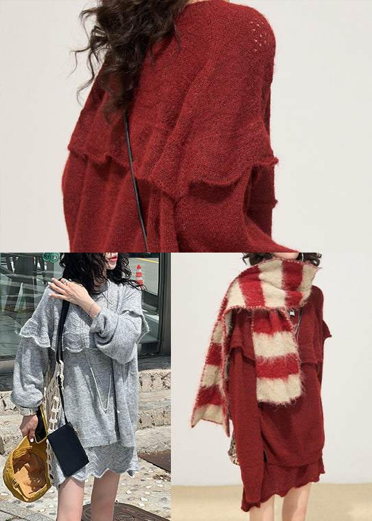Mulberry Ruffled Hollow Out Knit Sweater Winter