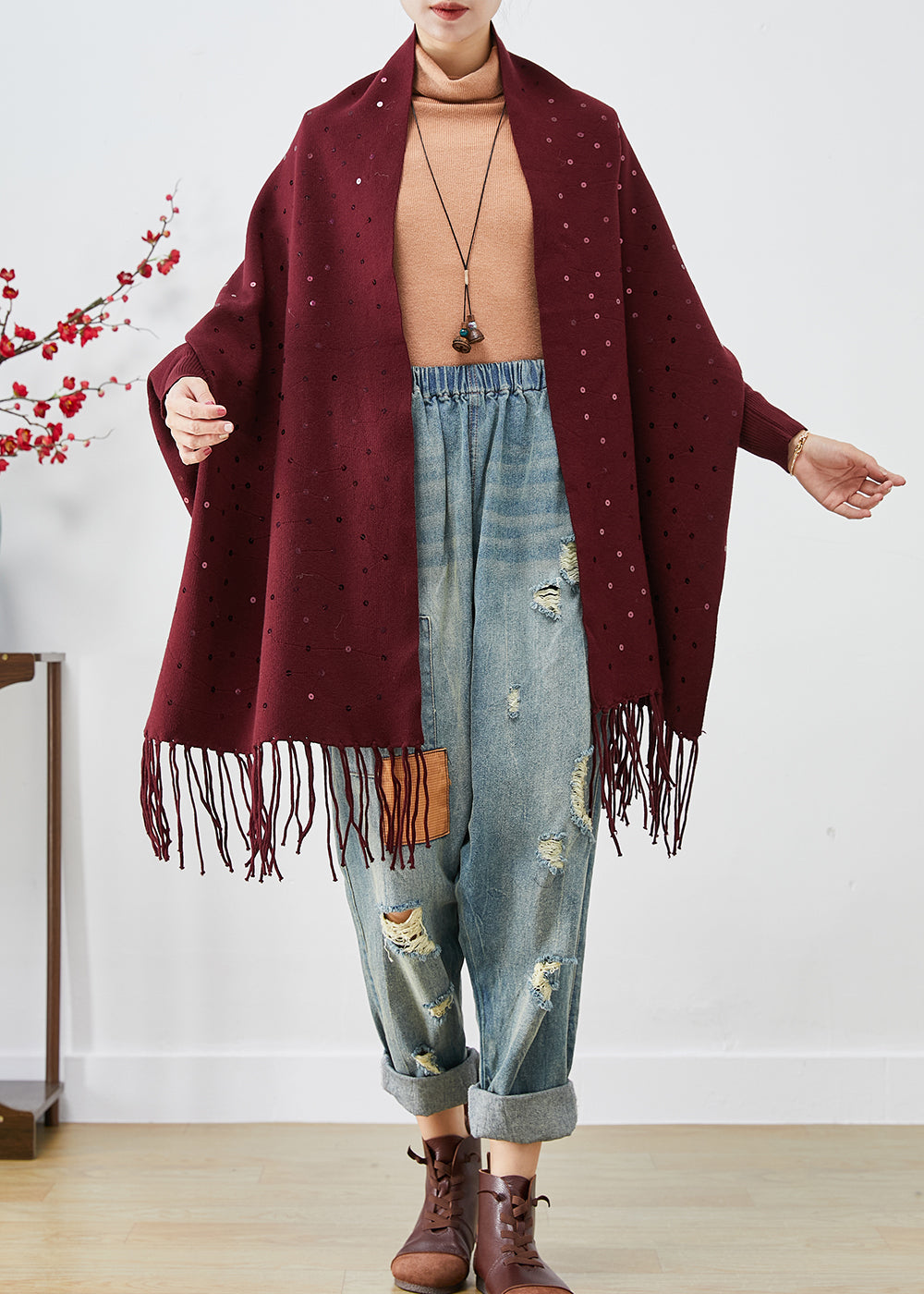 Mulberry Sequins Tasseled Knit Cardigan Winter