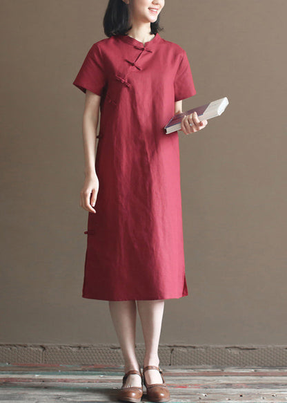 Mulberry Mandarin Collar Oriental Button Side Open Cotton Linen Dresses Short Sleeve