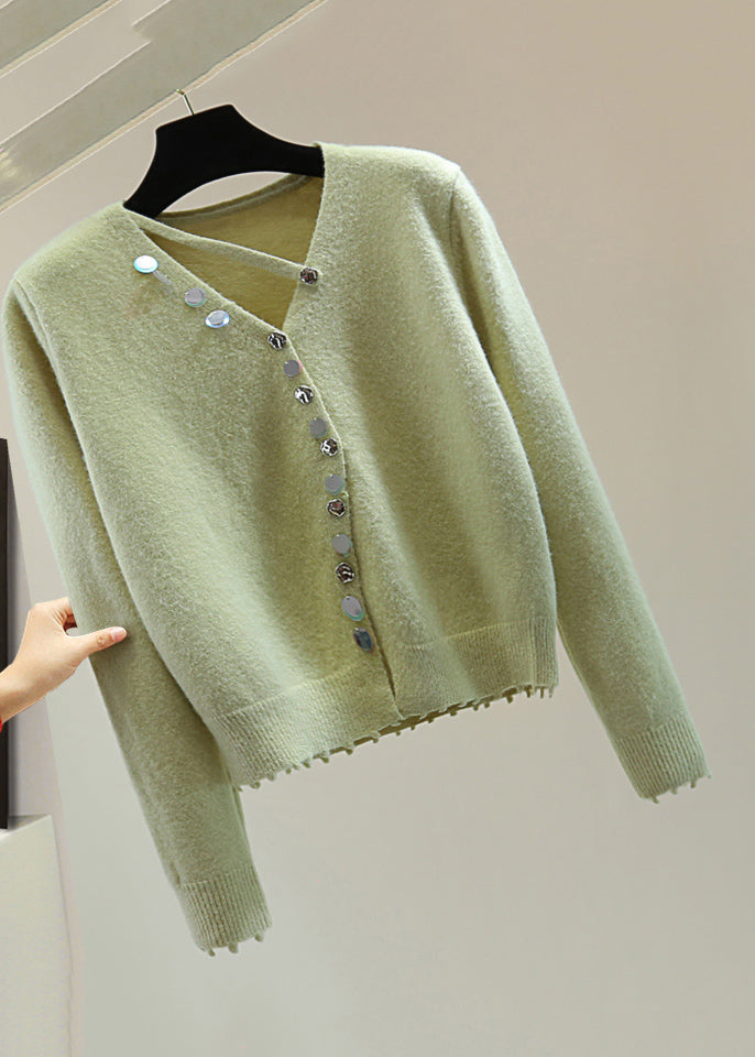 Mulberry V Neck Asymmetrical Sequins Cotton Knit Sweaters Winter