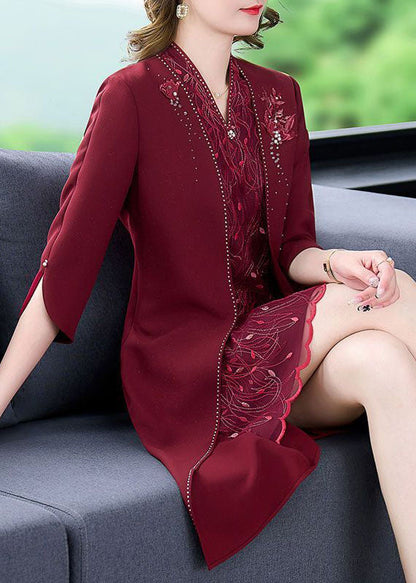 Mulberry V Neck Embroideried Silk Fake Two Piece Dress Bracelet Sleeve