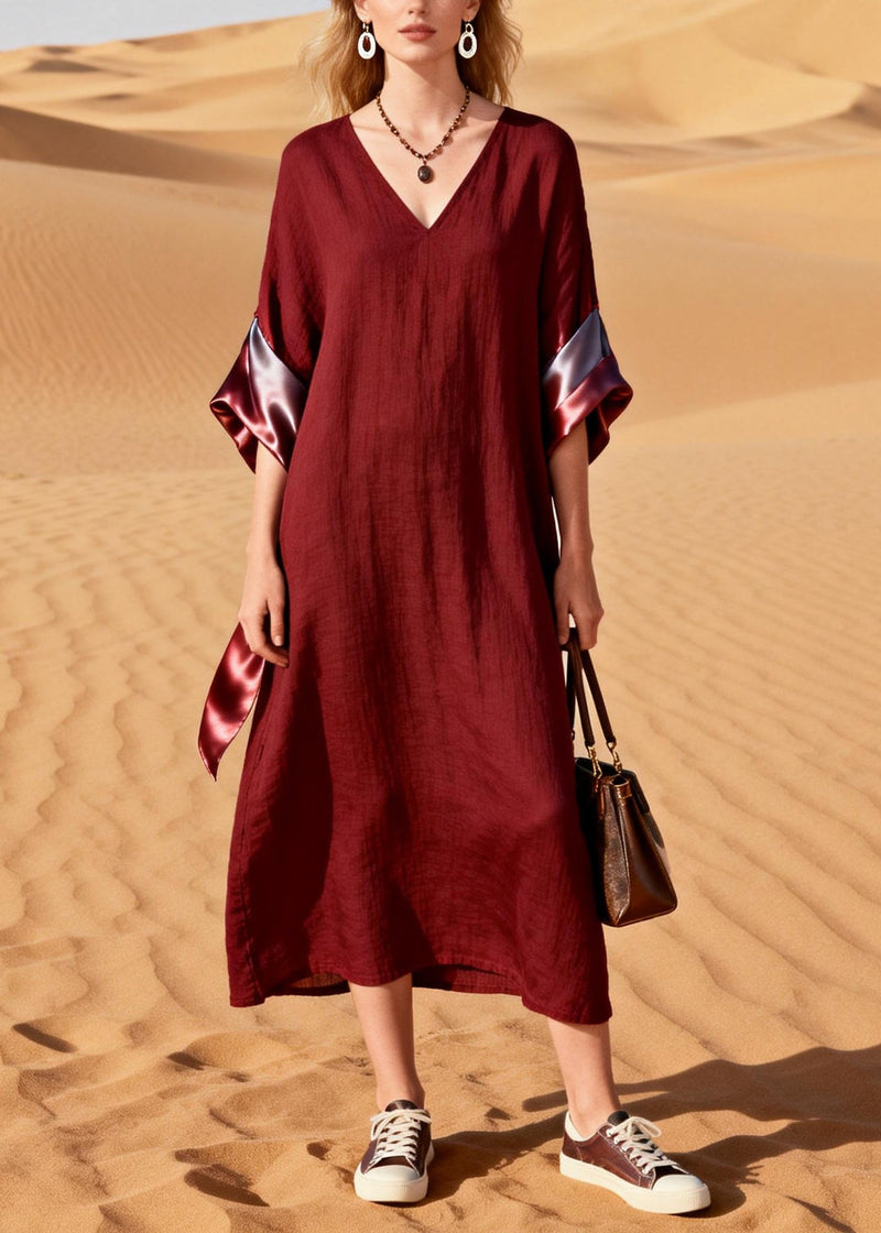 Mulberry V Neck Patchwork Cotton Long Dresses Summer