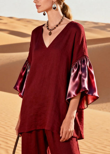 Mulberry V Neck Patchwork Linen Silk Two Pieces Set Flare Sleeve