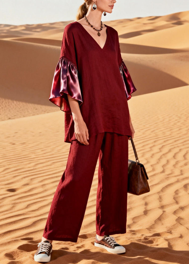 Mulberry V Neck Patchwork Linen Silk Two Pieces Set Flare Sleeve