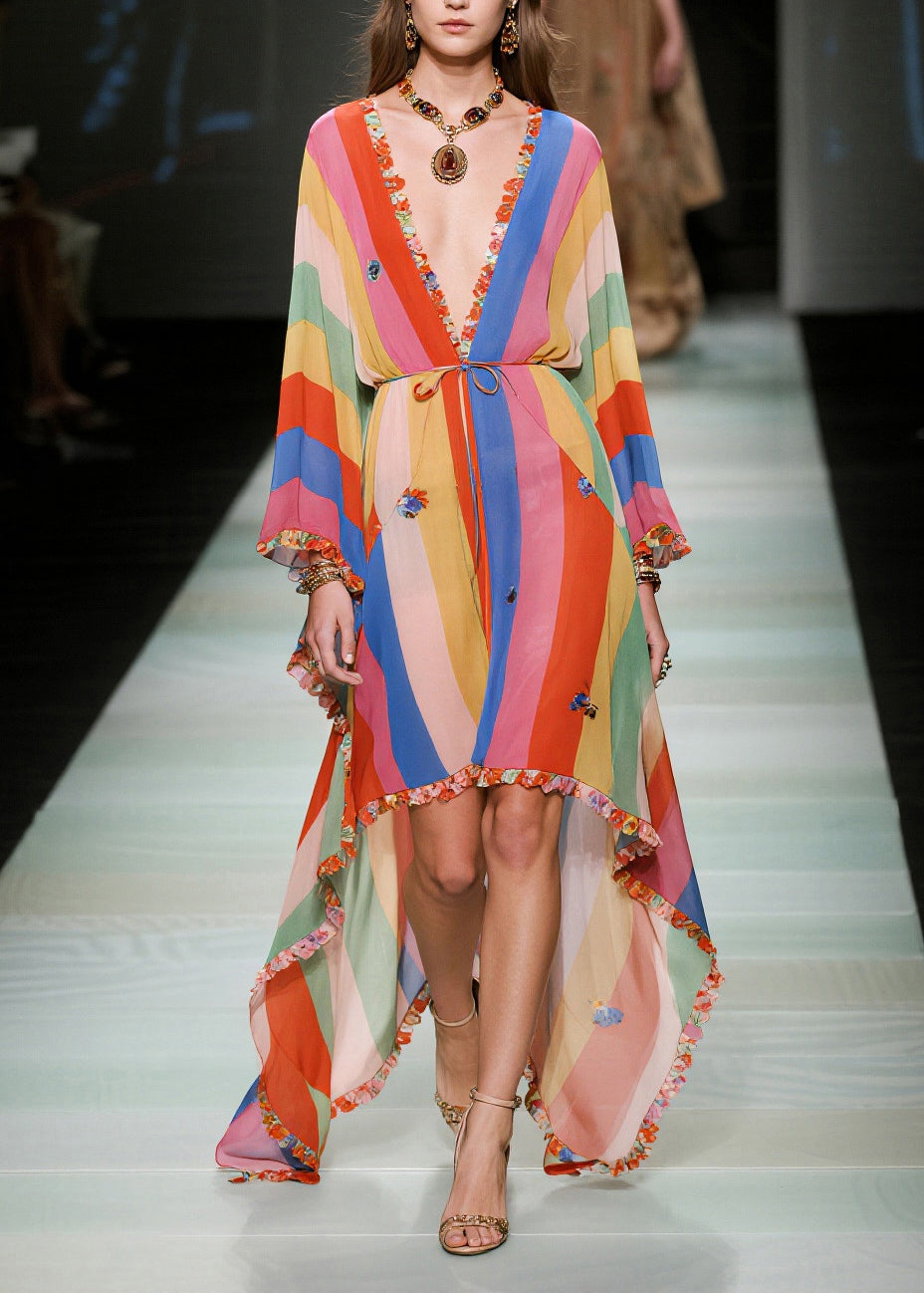 Multicolored Striped Asymmetrical Ruffled Chiffon Holiday Dress Summer