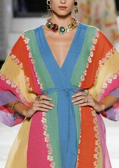 Multicolored Striped Flower Cotton Tunic Dress Summer