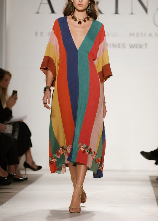 Multicolored Striped Flower Decorated Cotton Dresses Summer