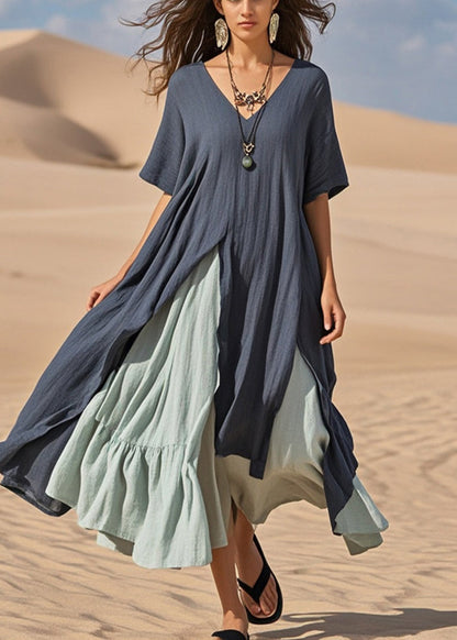Navy Asymmetrical Patchwork Cotton Vacation Dresses Summer