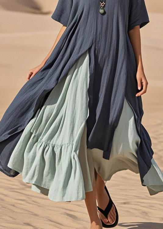 Navy Asymmetrical Patchwork Cotton Vacation Dresses Summer