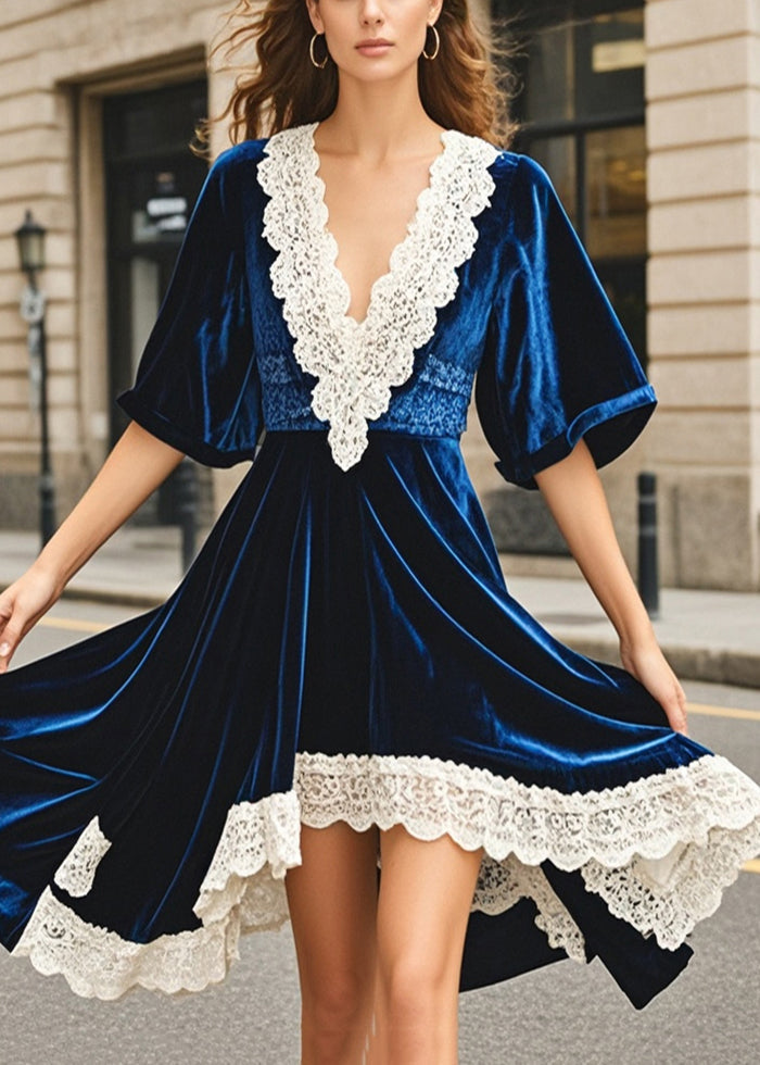 Navy Asymmetrical Patchwork Silk Velvet Dresses Summer