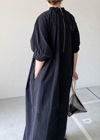 Navy Back Zippered Cotton Maxi Dress Half Sleeve