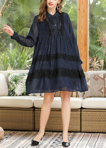Navy Button Chiffon Patchwork Summer Dress