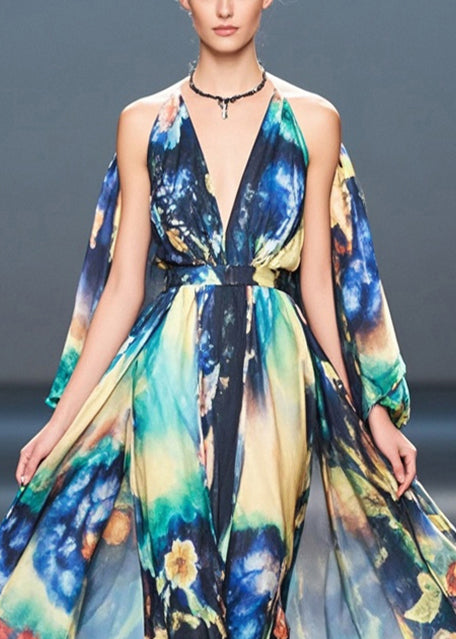 Navy Cold Shoulder Print Chiffon Holiday Dress Summer