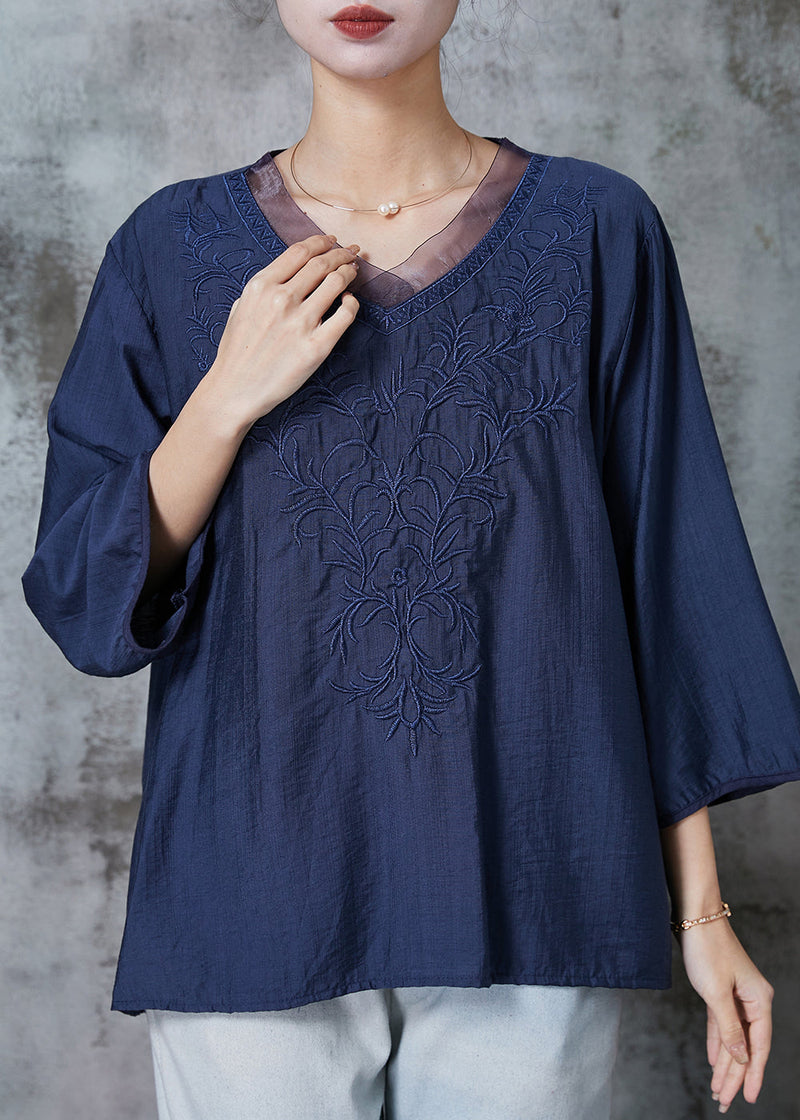 Navy Embroidered Cotton Shirt Top Half Sleeve