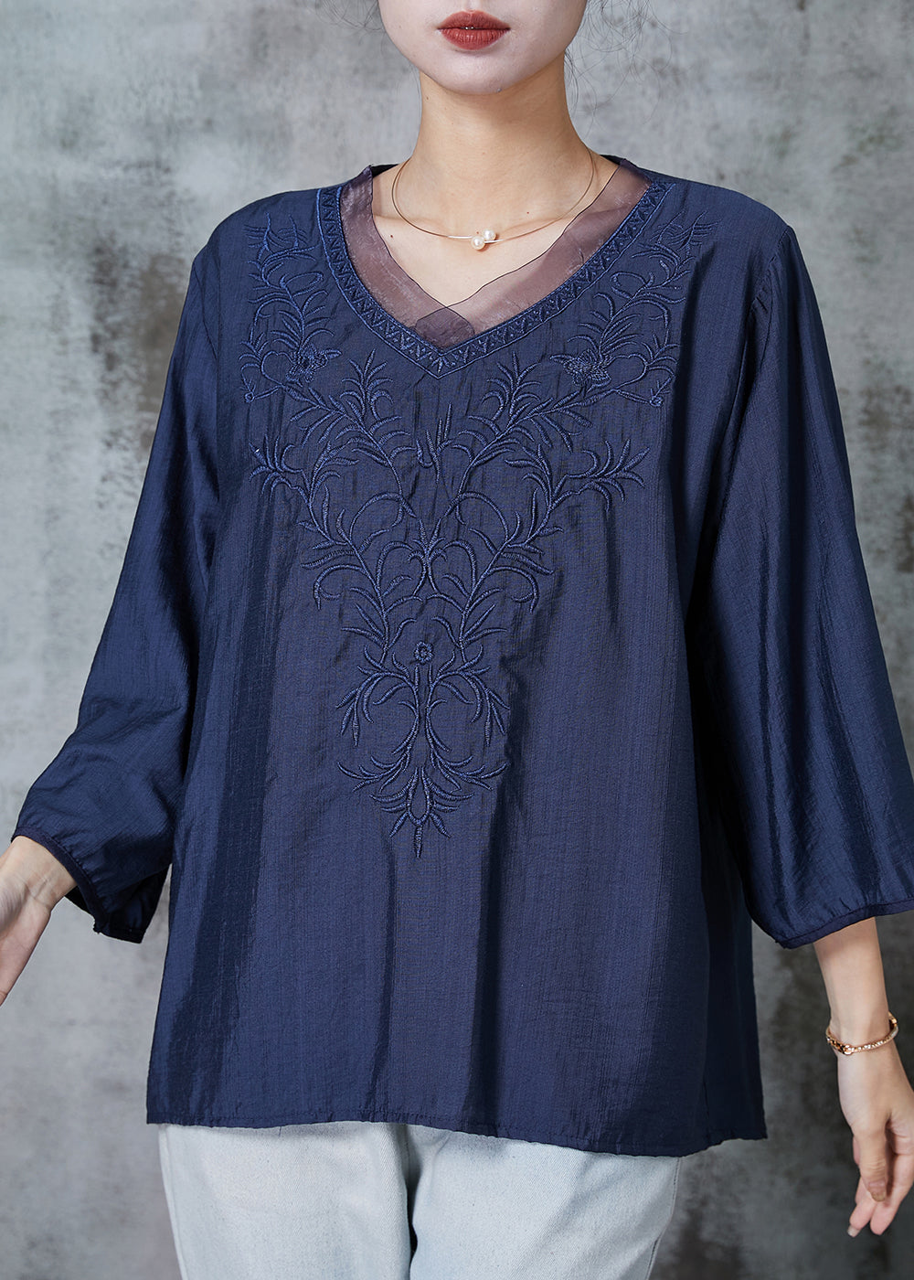 Navy Embroidered Cotton Shirt Top Half Sleeve