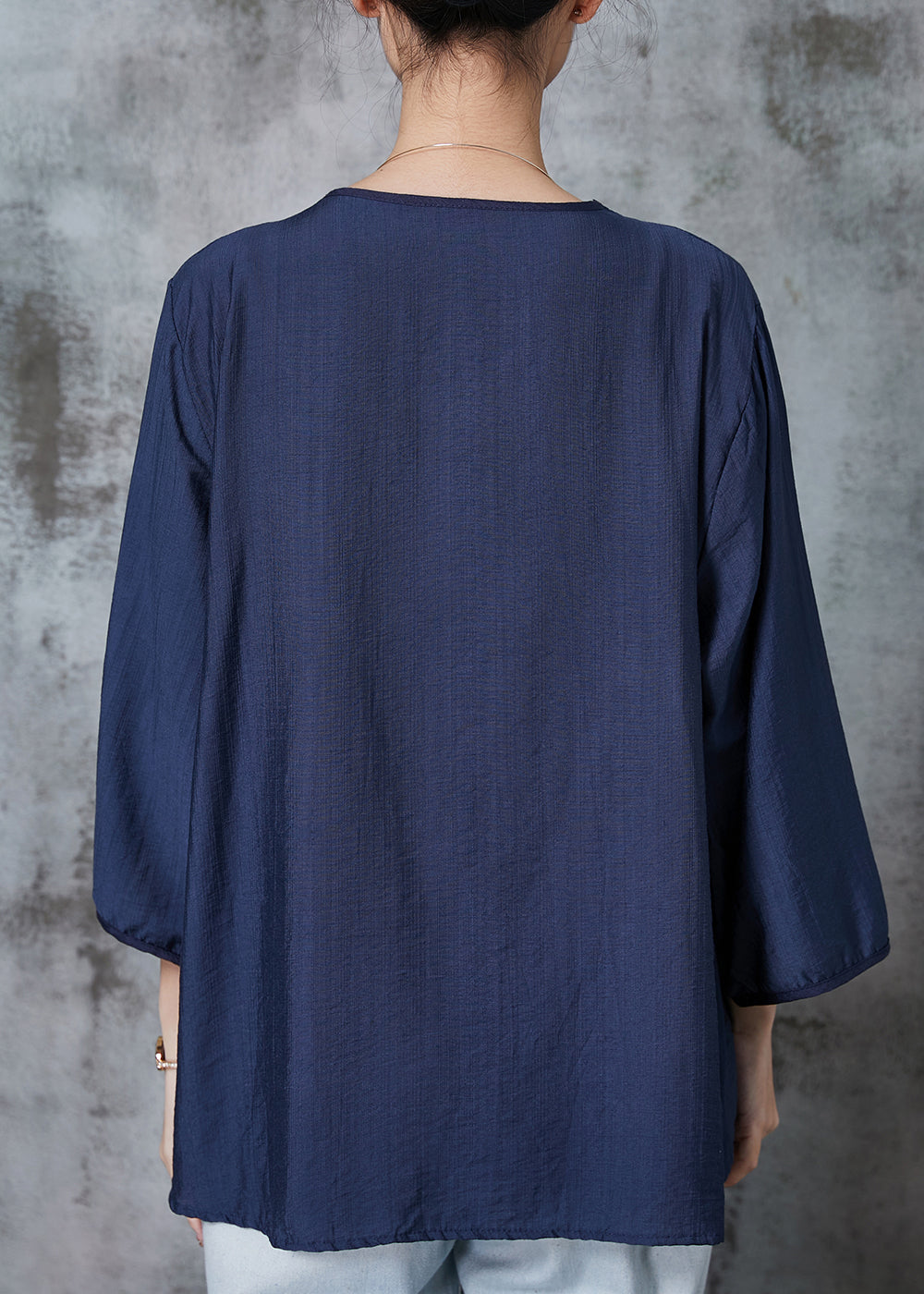 Navy Embroidered Cotton Shirt Top Half Sleeve