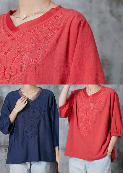 Navy Embroidered Cotton Shirt Top Half Sleeve
