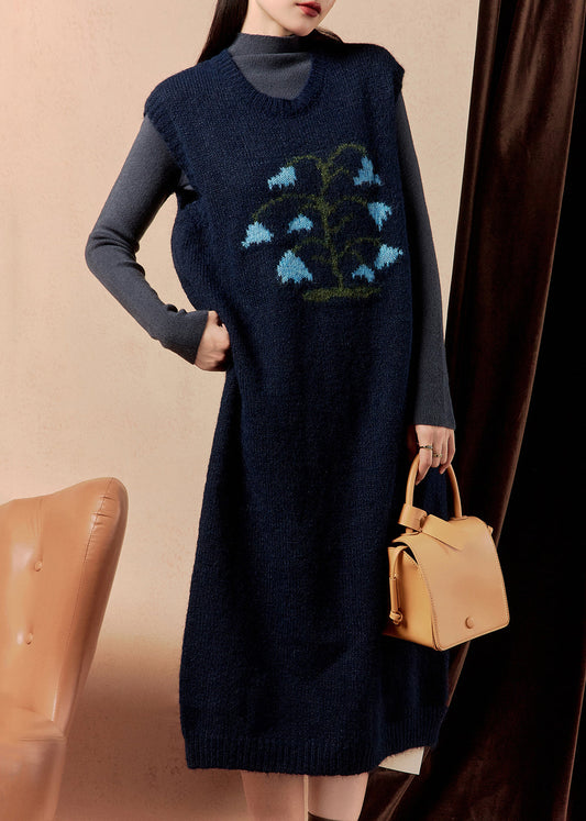 Navy Embroidered Cozy Knit Dress Sleeveless