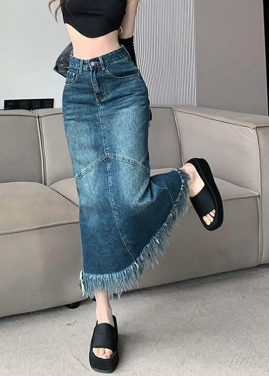 Navy High Waist Patchwork Tassel Denim Maxi Skirts Summer