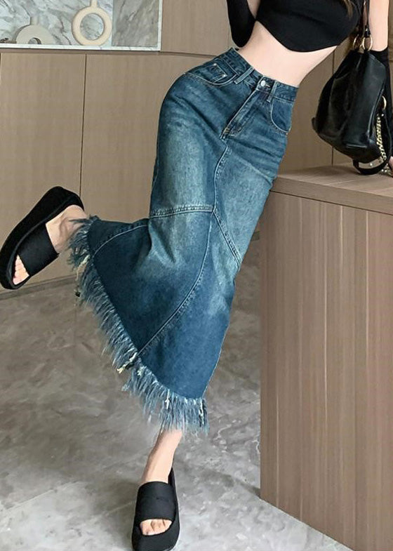 Navy High Waist Patchwork Tassel Denim Maxi Skirts Summer