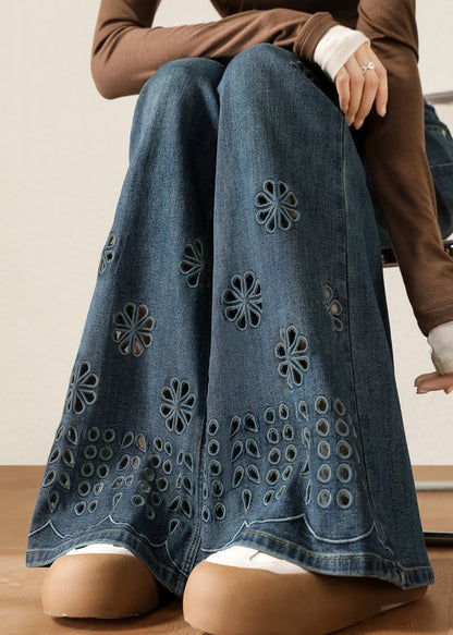 Navy Hollow Out Flower Denim Pants Spring