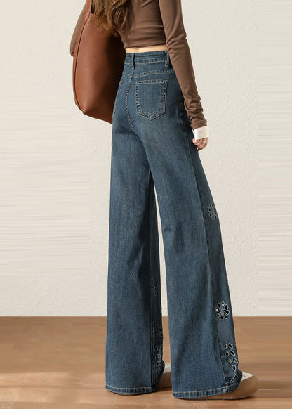 Navy Hollow Out Flower Denim Pants Spring