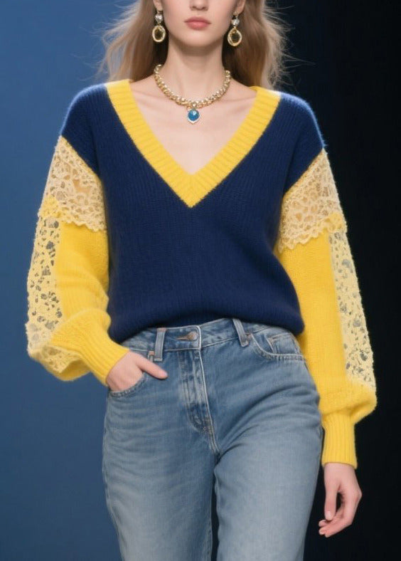Navy Hollow Out Patchwork Lace Short Sweater Fall