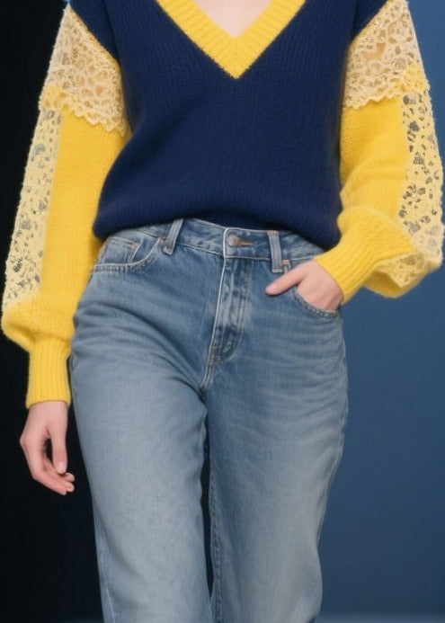 Navy Hollow Out Patchwork Lace Short Sweater Fall