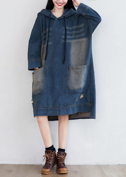Navy Hooded Pockets Patchwork Denim Dresses Spring