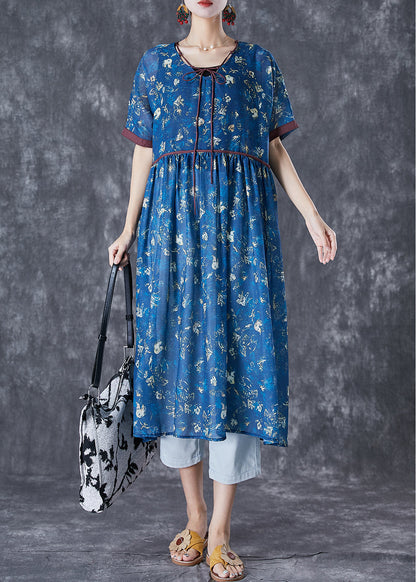 Navy Lace Up Tie Dye Linen Dresses Summer