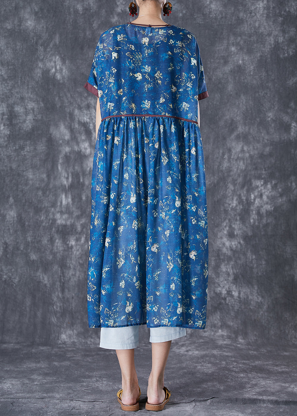 Navy Lace Up Tie Dye Linen Dresses Summer