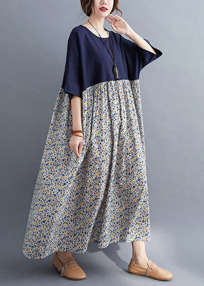 Navy O-neck Print Patchwork Maxi Dresses Half Sleeve