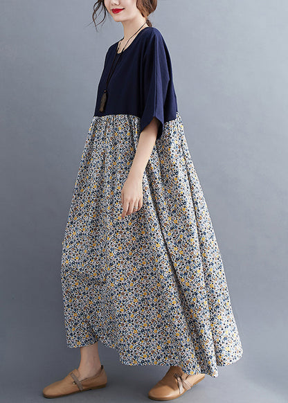 Navy O-neck Print Patchwork Maxi Dresses Half Sleeve