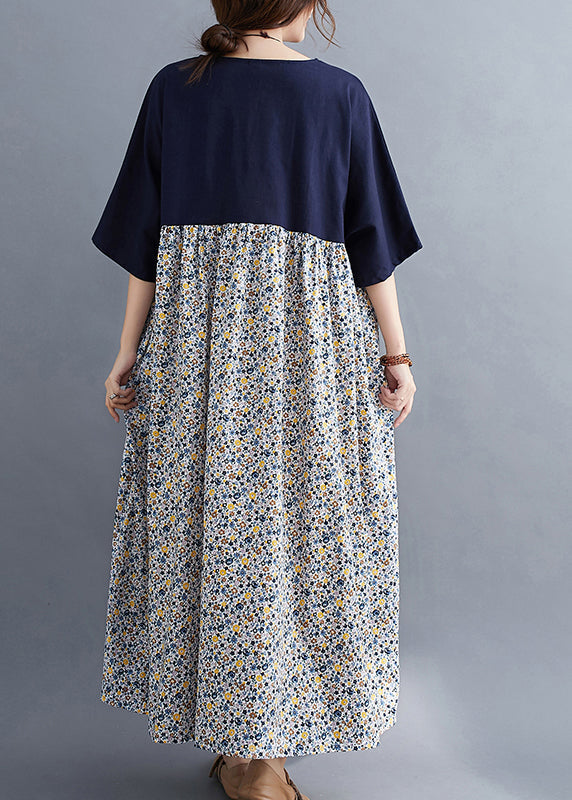 Navy O-neck Print Patchwork Maxi Dresses Half Sleeve