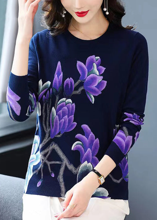 Navy O Neck Print Wool Knit Sweaters Long Sleeve