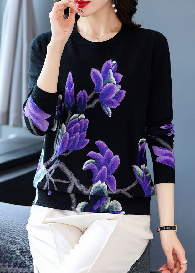 Navy O Neck Print Wool Knit Sweaters Long Sleeve