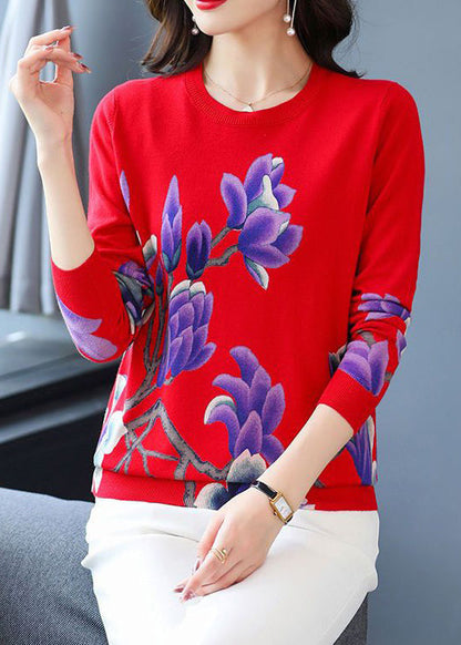 Navy O Neck Print Wool Knit Sweaters Long Sleeve