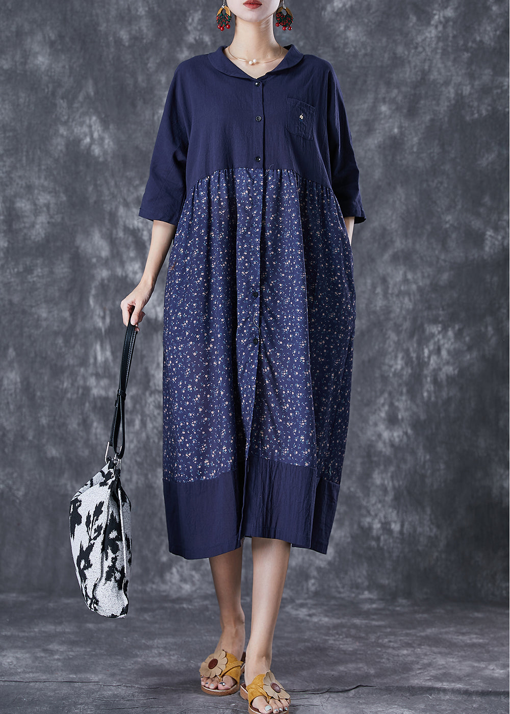 Navy Oversized Patchwork Print Linen Robe Dresses Summer
